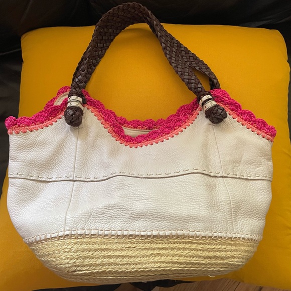 The Sak Sierra Leather Bag Purse Off White Pink Crochet Woven Trim Shopper Stone - Picture 11 of 11